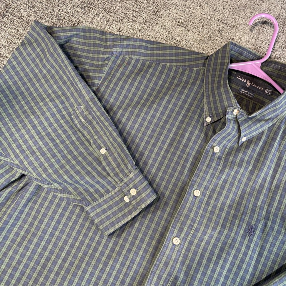 Ralph Lauren Button Down Shirt 17.5 32/33 Yarmouth Plaid Green Blue Cotton